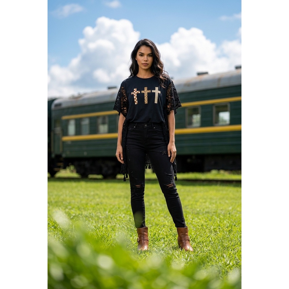 Faith Over Fear Upcycled Lace 3 Cross Top Black Boho Western Tassel Tee S-3X